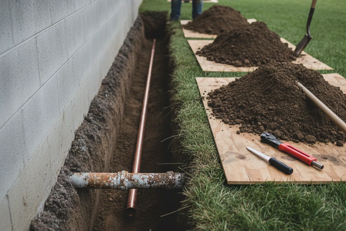 Excavated water line trench during Water Softener Installation in United